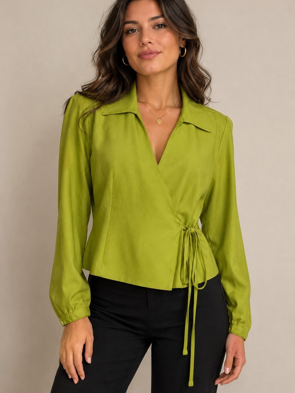 Ice Chartreuse Wrap Blouse with Side Tie